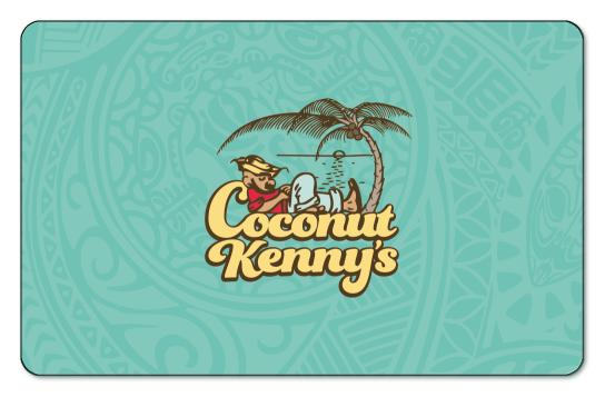 coconut kenny's logo featuring man under palm tree over teal background with tribal detailing